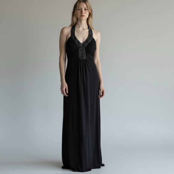 Y2K black Maxi Dress Gown halter Whimsigoth witchy sexy embellishments sz 8 - Picture 8 of 9